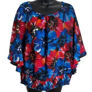 Investments Women Top Blouse Large L Dolman Scoop Neck Blue Red Floral New